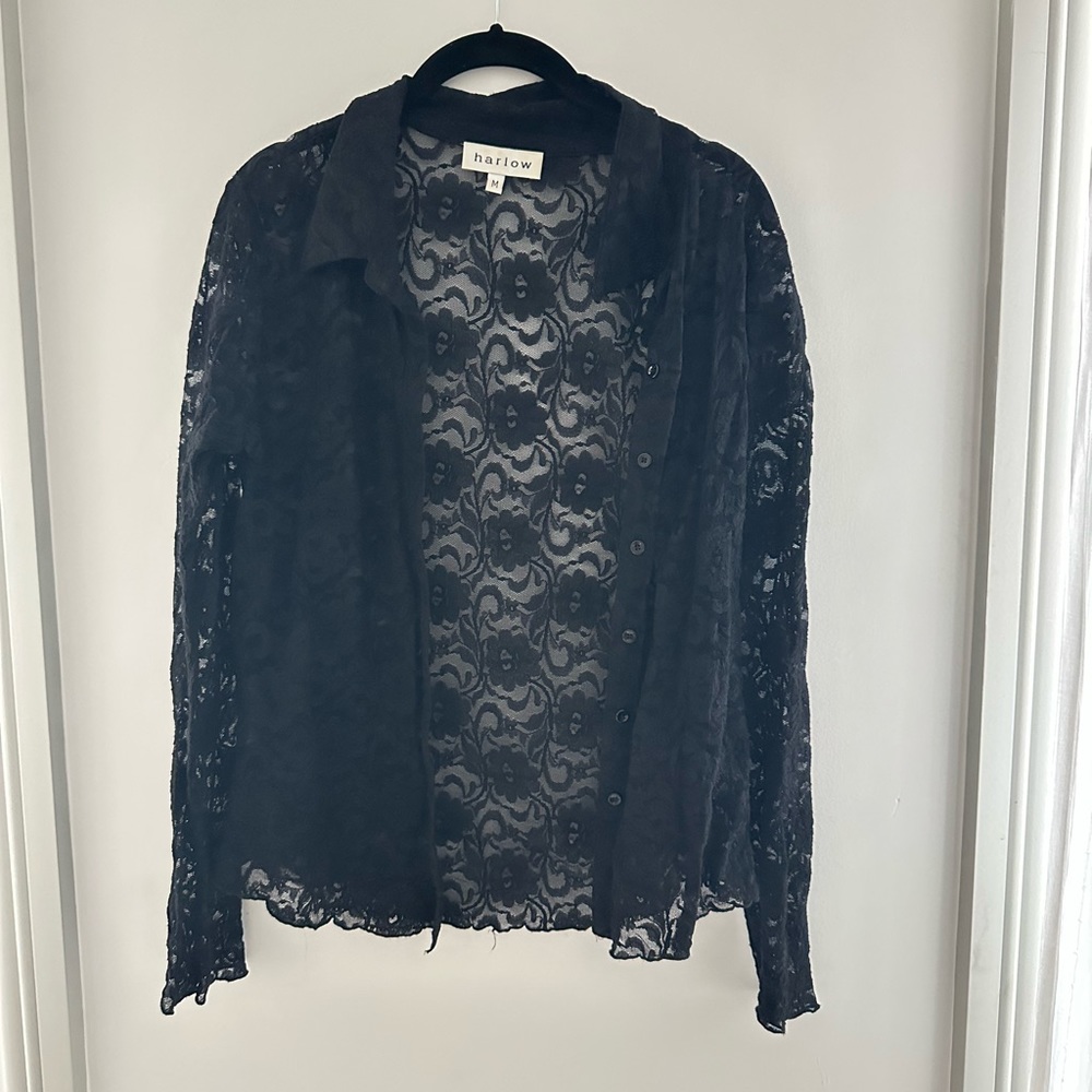 Black lace long sleeve button up top